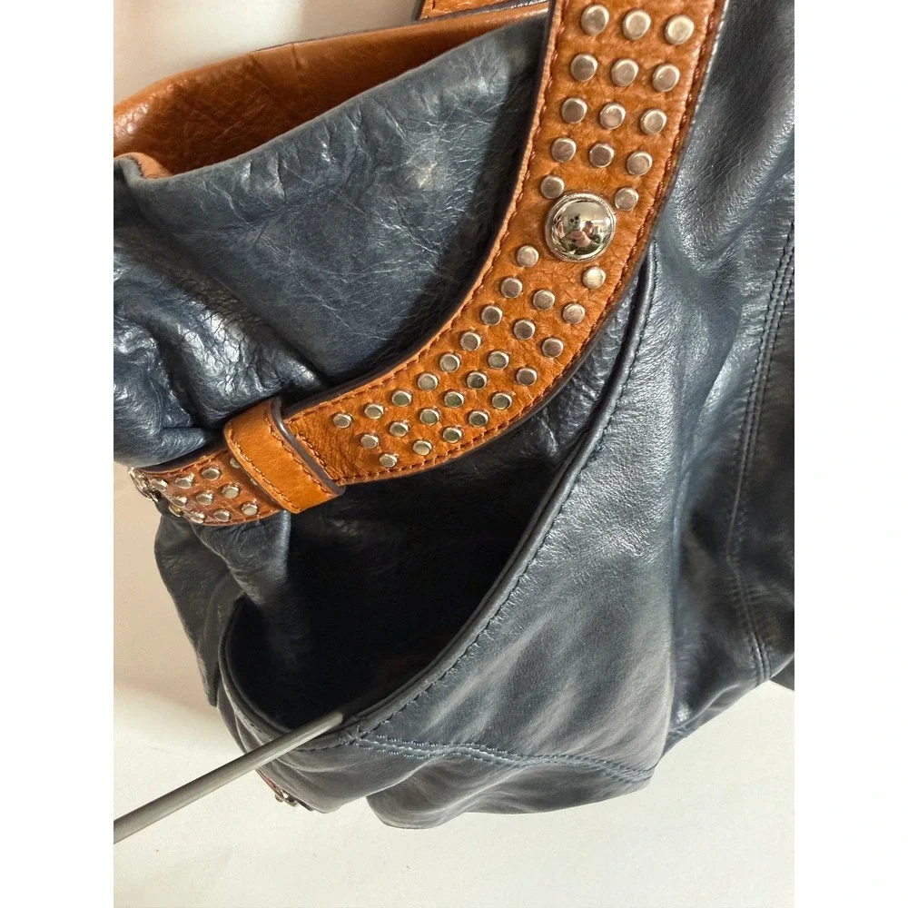Boho Indie Grunge Navy Blue Leather Studded Hobo Shoulder Bag Large Oversized - Picture 5 of 16